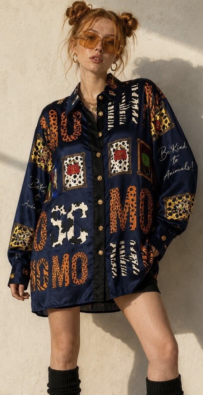 Vintage Massardi Gold Label Silk Shirt M Be Kind to Animals Maximalist 80s 90s